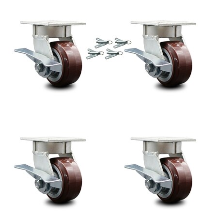 Service Caster 4 Inch Kingpinless Poly on Polyolefin Wheel Caster Set Brake and Swivel Lock SCC SCC-KP30S420-PPUR-SLB-BSL-4